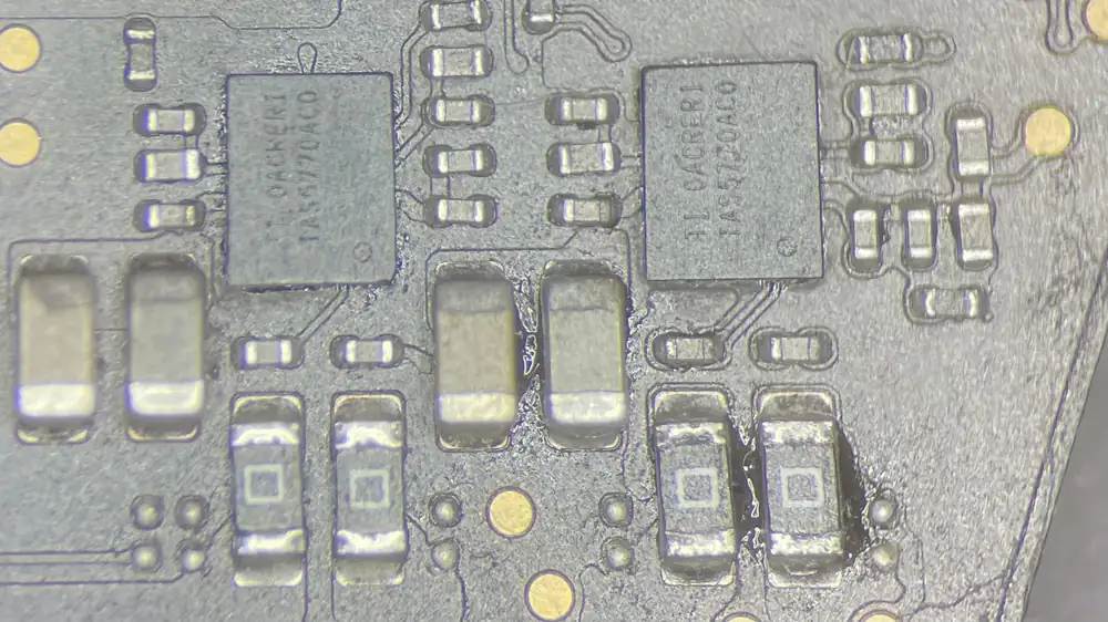 Speaker amplifier ICs after rework from a liquid damaged MacBook repair of an M1 MacBook Pro